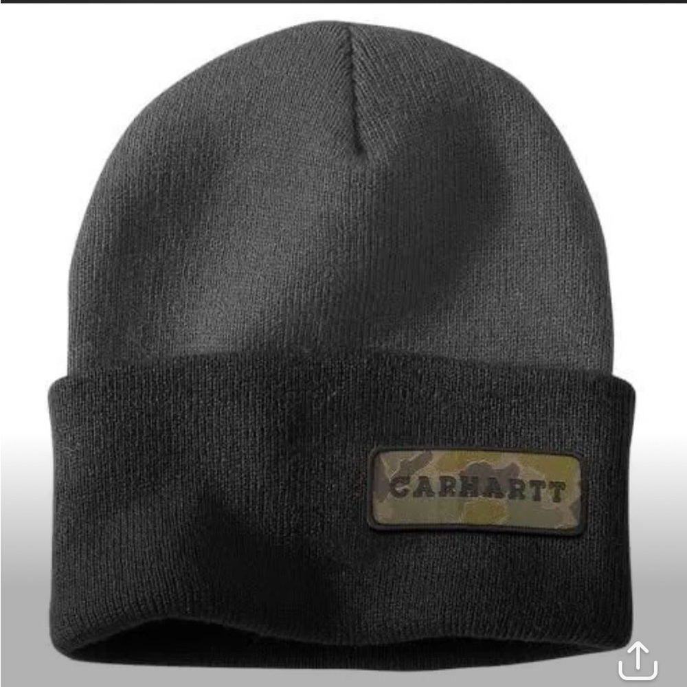 Carhartt Watch Beanie Hat Camo Patch Black Gray Knit Cuff Winter Warm